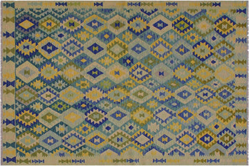 Flat Weave Kilim, Antique, Navaho, Vintage, Handmade, Geometric Kilim Green Blue Hand-Woven Rectangle 100% Wool Area Rug 7 x 10